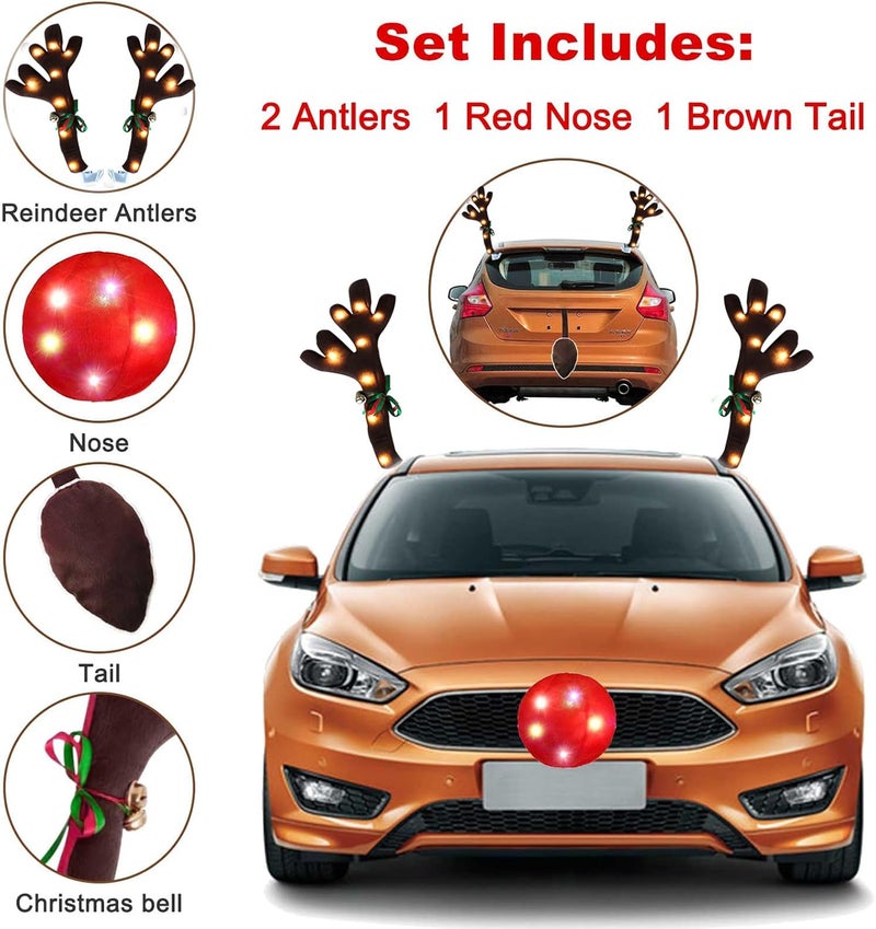 GlACBIUG Christmas Car Reindeer Antlers & Nose Tail Kit with Jingle Bells, 2025 Cute Rudolph Car Costume for SUV, Van, Truck - Warm Lights Auto Holiday Decor - Image 3